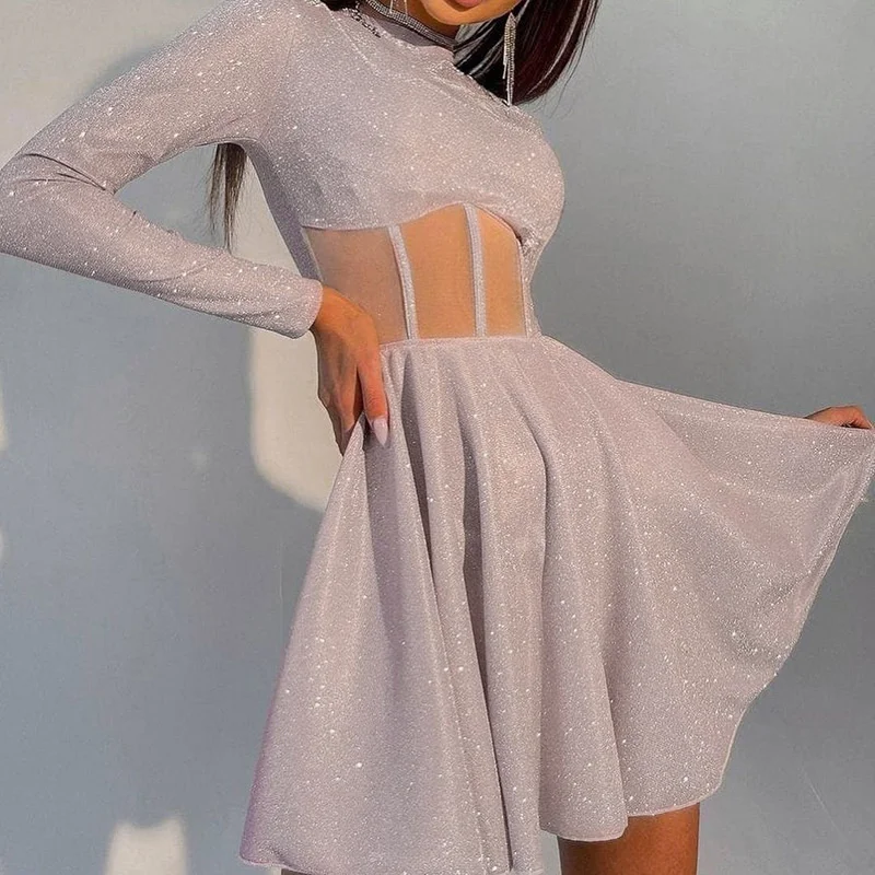 

2022 Summer Black Glitter Sexy Mesh Dresses For Women Long Sleeve A Line Autumn Corset Elegant Dress Party Mini Dress Tunic