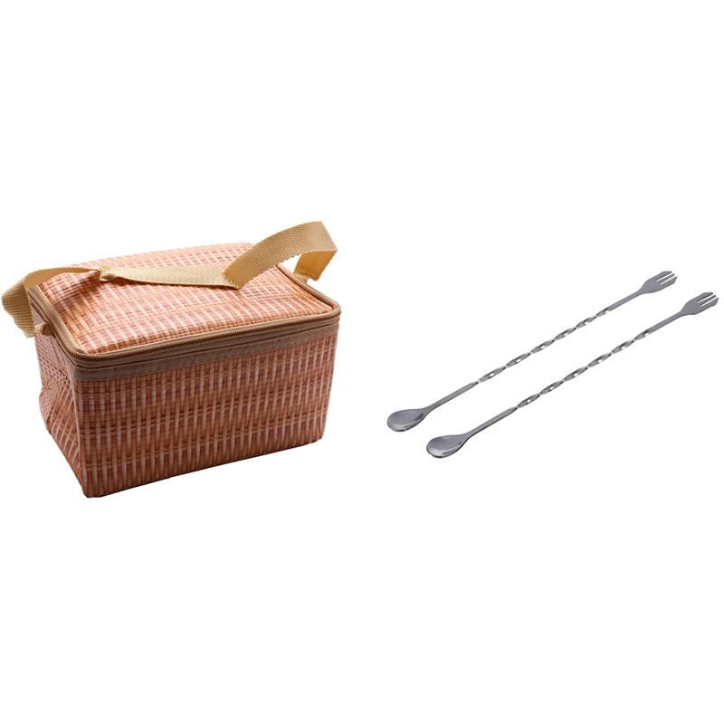 

2Pcs New Stainless Steel Bar Cocktail Twisted Mixing Spoon Fork DIY Set With Portable Imitation Rattan Lunch Bags