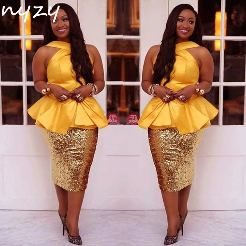 NYZY C73 Атласные платья с лямкой на шее и золотыми блестками для выпускного вечера