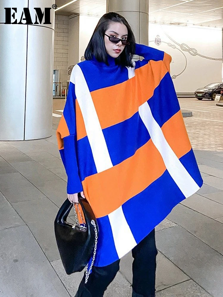 

[EAM] Striped Big Size Long Knitting Sweater Turtleneck Long Sleeve Women Pullovers New Fashion Tide Autumn Winter 2022 1DF1837