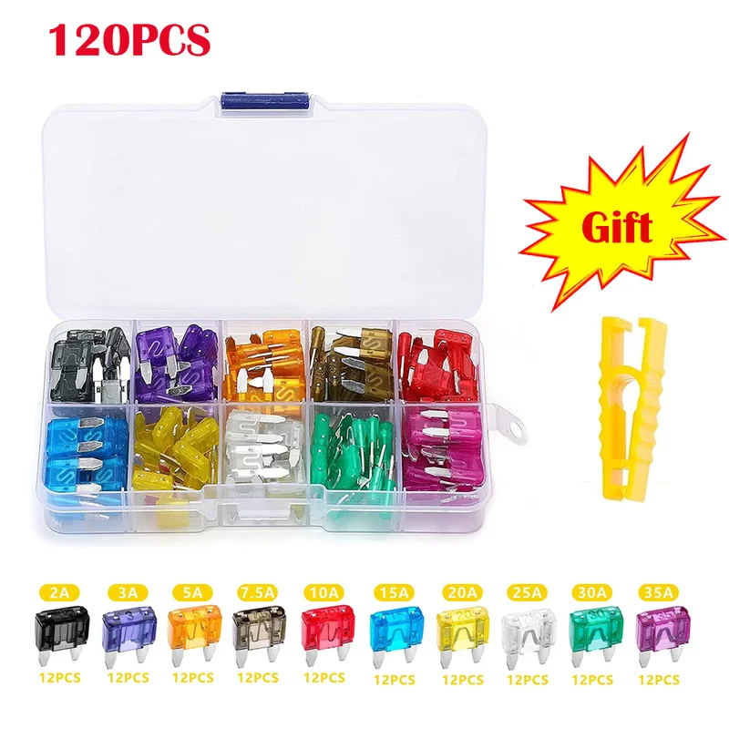 

Mini Car Fuse Kit 2A/3A/5A/7.5A/10A/15A/20A/25A/30A/35A Assorted Auto Car Truck Fuse Assortment Automotive Blade Fuse 120PCS