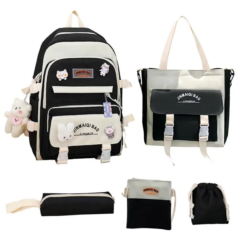 

Cute Backpacks Combo Aesthetic Cute Backpack School Supplies Bear Pendant Pin 5 Pieces Lightweight Oxford Canvas Backpack Kit