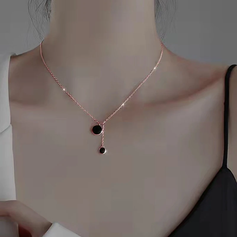 

925 Sterling Silver Black Round Necklace Simple Creative Pendant Female Short Clavicle Chain Ladies Vintage High Jewelry Gift