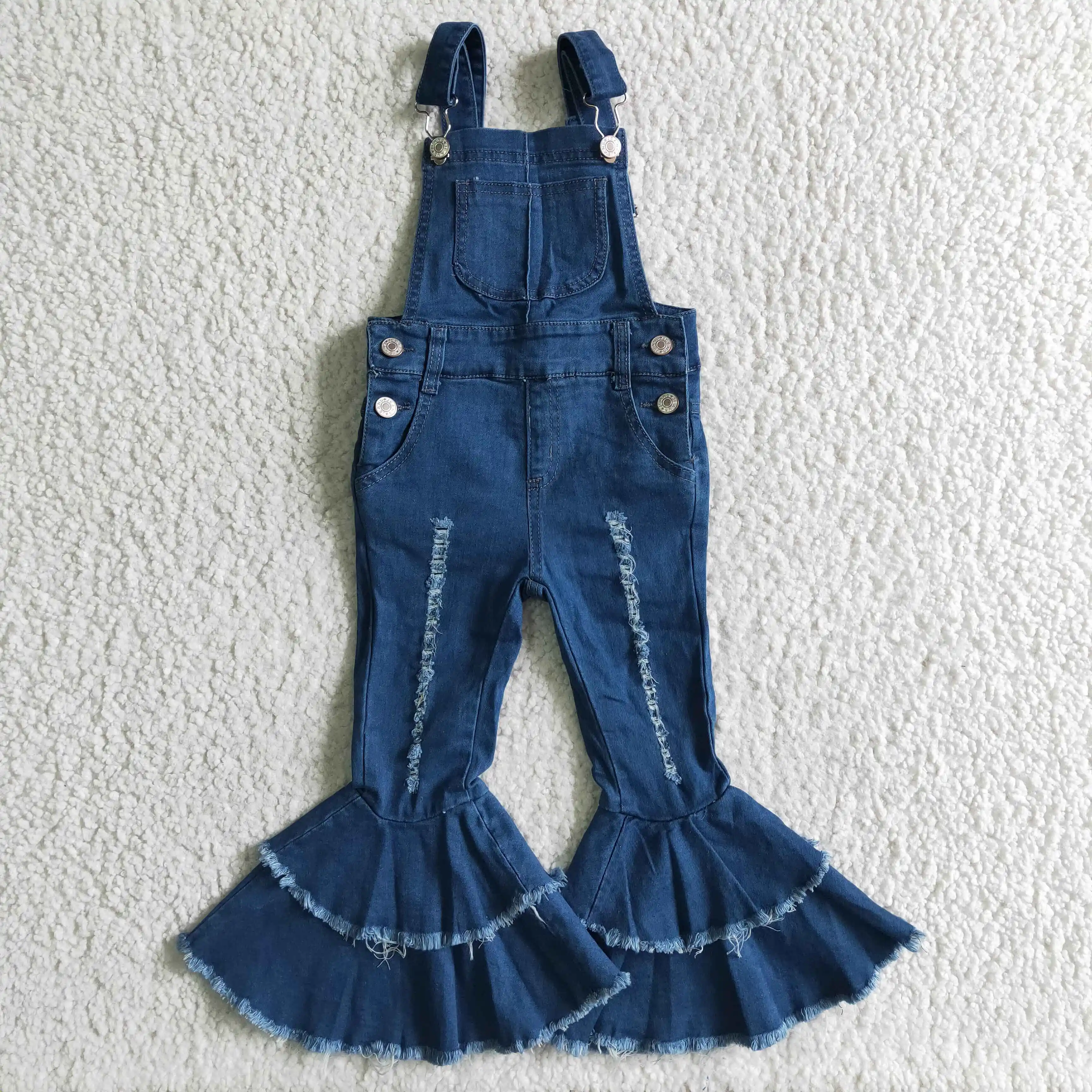 

girl high quality blue overalls with double ruffles children fashion jeans