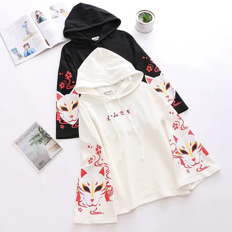 1Pc Multicolor College Style Mask Fox Print Loose Hong Kong Style Slimming Hooded Long-Sleeve Sweater Women's Hoodie