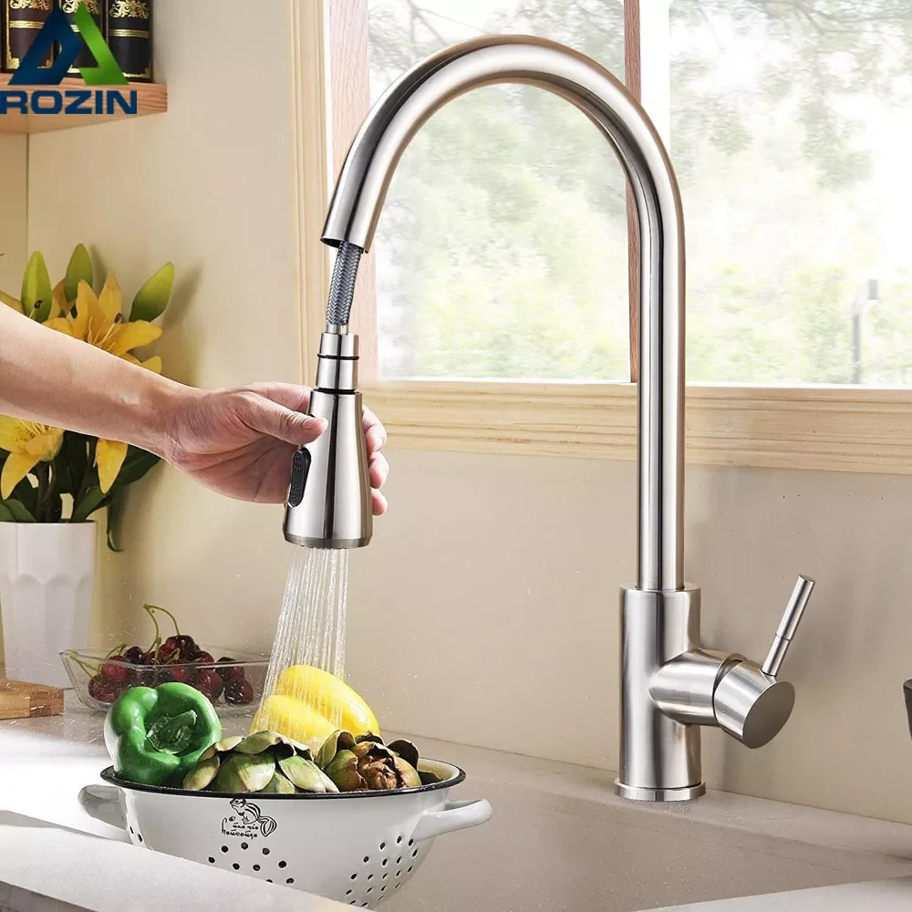 

NEW2023 Rozin Brushed Nickel Kitchen Faucet Single Hole Pull Out Spout Kitchen Sink Mixer Tap Stream Sprayer Head Chrome/Black M