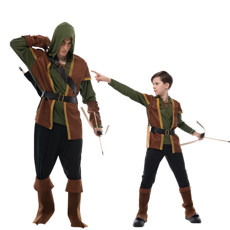 

Family Vintage Green Archer Costume Halloween Forest Hunter Hoodie Suit Hoilday Party Cosplay Carnival Easter Purim Fancy Dress