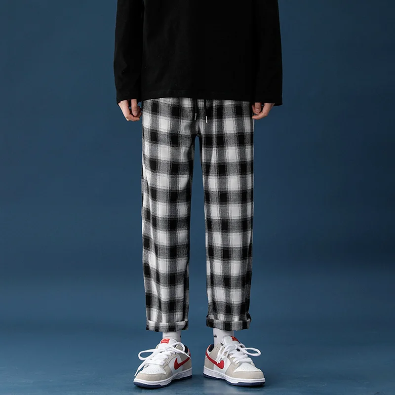 Straight Pants Men Fashion Loose Leisure All-match Harajuku Casual Plaid Ankle-length High Street Elastic Waist Simple Trousers images - 6
