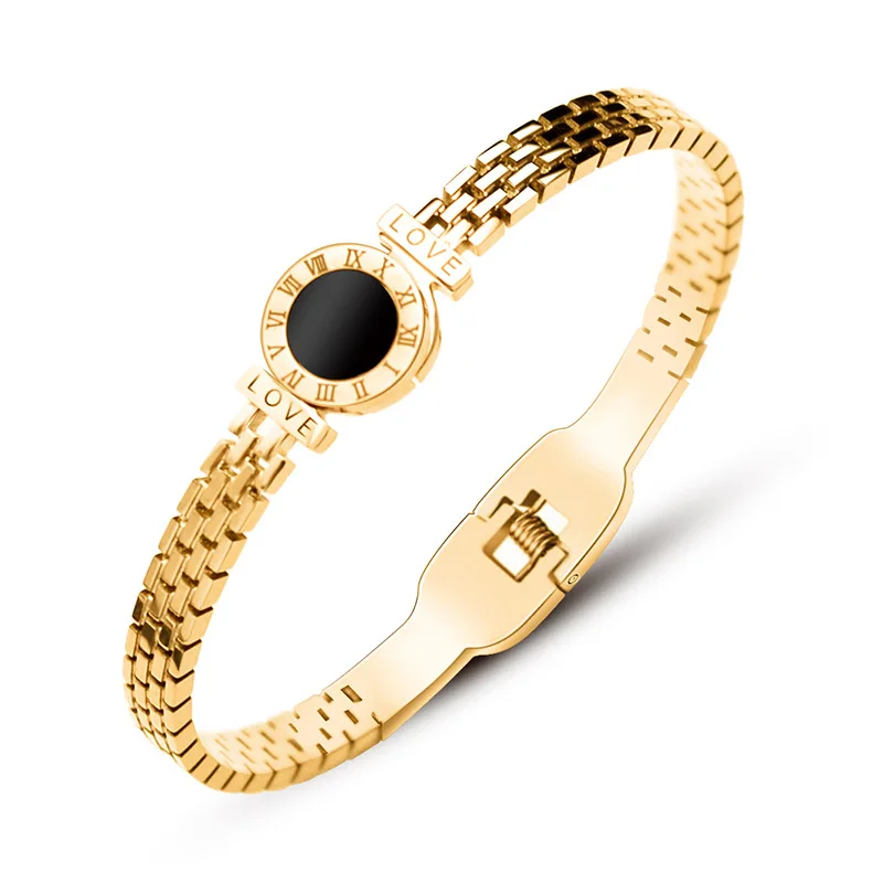 

Christmas Elegant Gold Women Carving Roman Numeral Lover Cuff Bangle Jewelry Stainless Steel Black Acrylic Bracelets Wholesale
