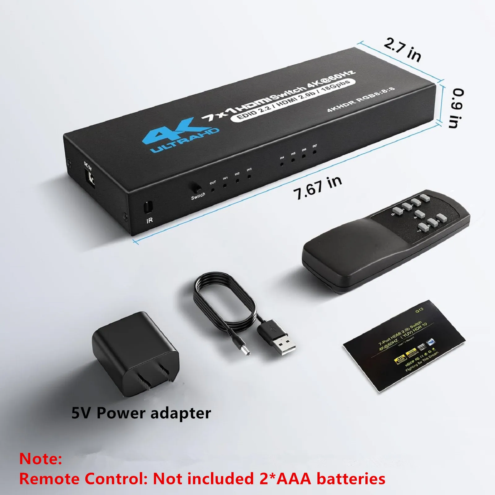 Коммутатор 7 портов HDMI 2,0 4K @ 60 Гц 7x1 HDMI 2,0 переключатель с ИК-пультом дистанционного управления аудио и видео преобразователь 7 в 1 выход поддержка HDR и HDCP 2,2 DC5V (art.: 3920c45bb72c0) - 3920c45bb72c0