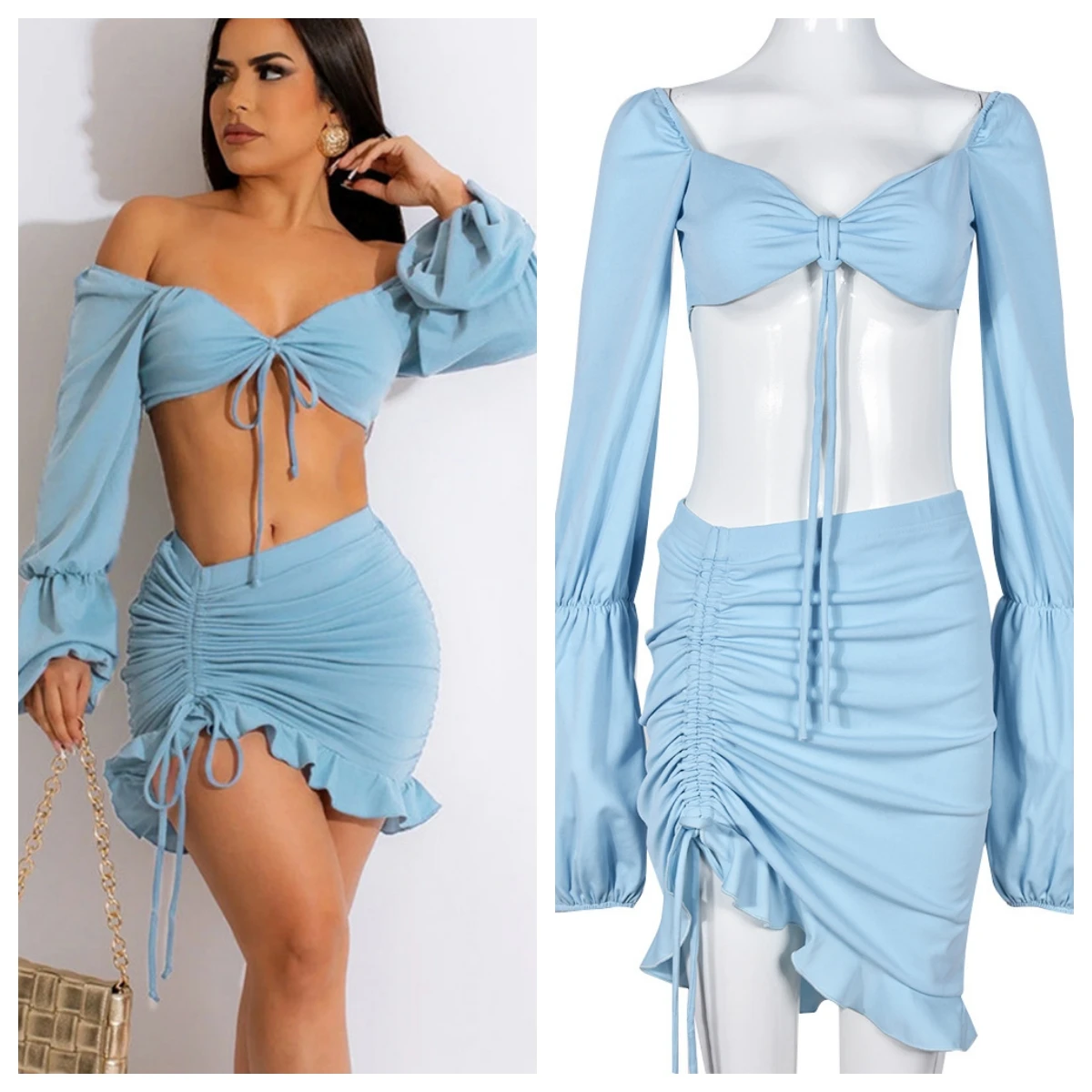 

Solid Skirts Suits 2 Pieces Sets Summmer 2023 Women Hollow Out Wrapped Chest Tops Drawstring Short Skirts 2-Piece Set Clothing