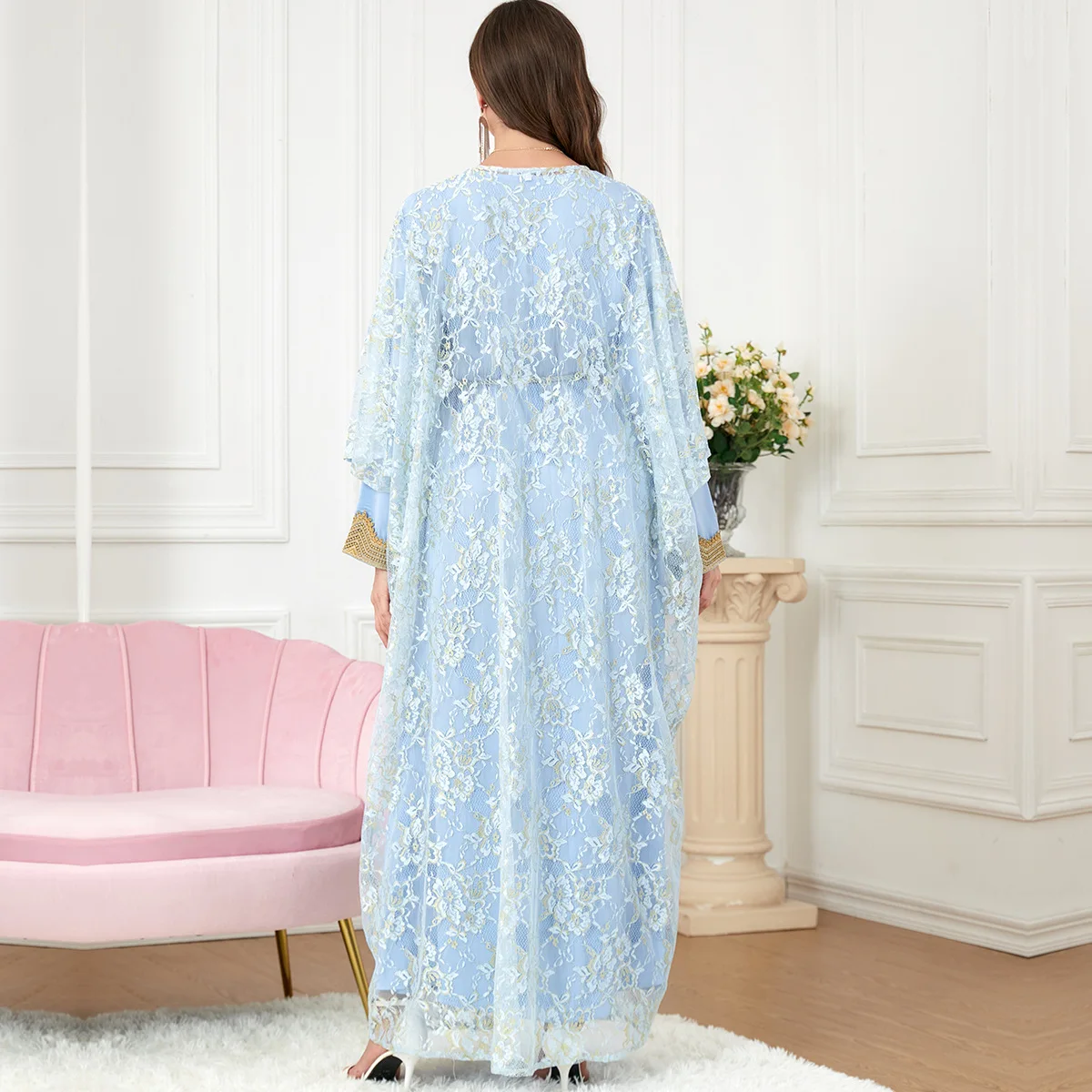 Turkey Muslim Sets Women 2 Piece Abaya Set Ladies Stain Lace Hook Flower Cardigan Abayas Belted Kaftan Dress Dubai Turkey Arabic
