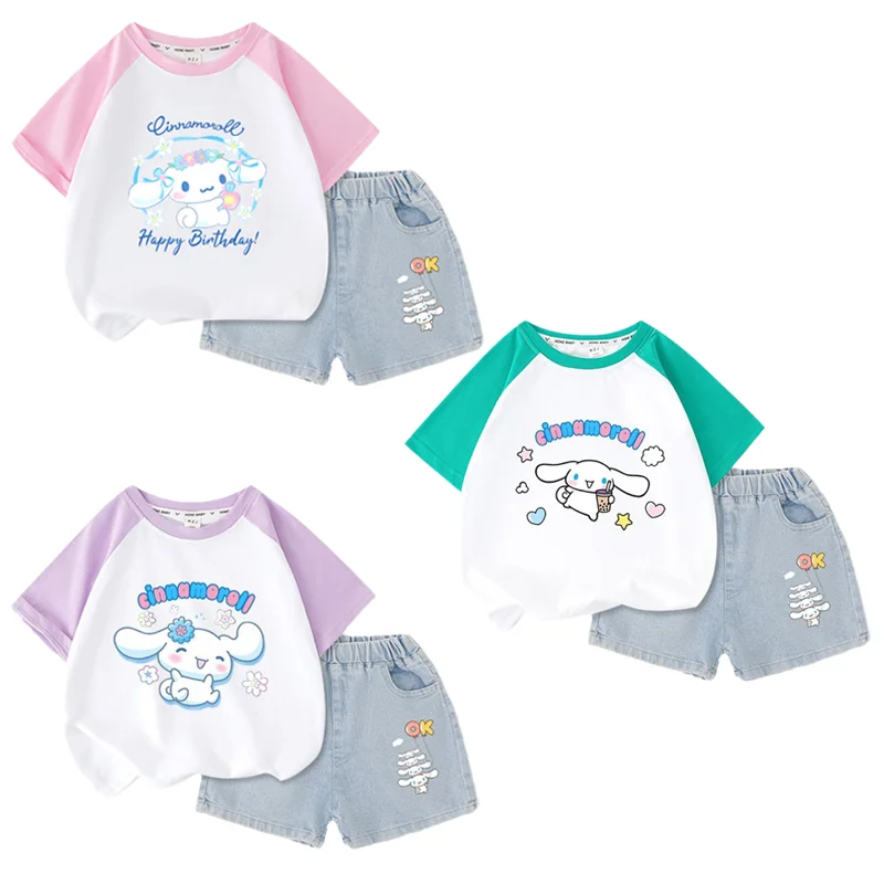 

Sanrioed мультфильм Cinnamoroll печатная Детская Мода Топ с коротким рукавом джинсовые шорты набор Kawaii летняя футболка шорты Детский подарок