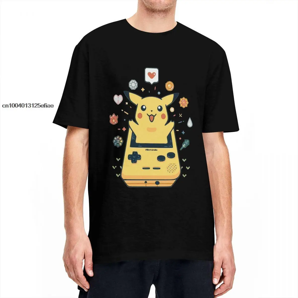 

Pokemon Pikachu Game Console T Shirts Men Pure Cotton Funny T-Shirts Crewneck Anime Tees Short Sleeve Clothes Big Size