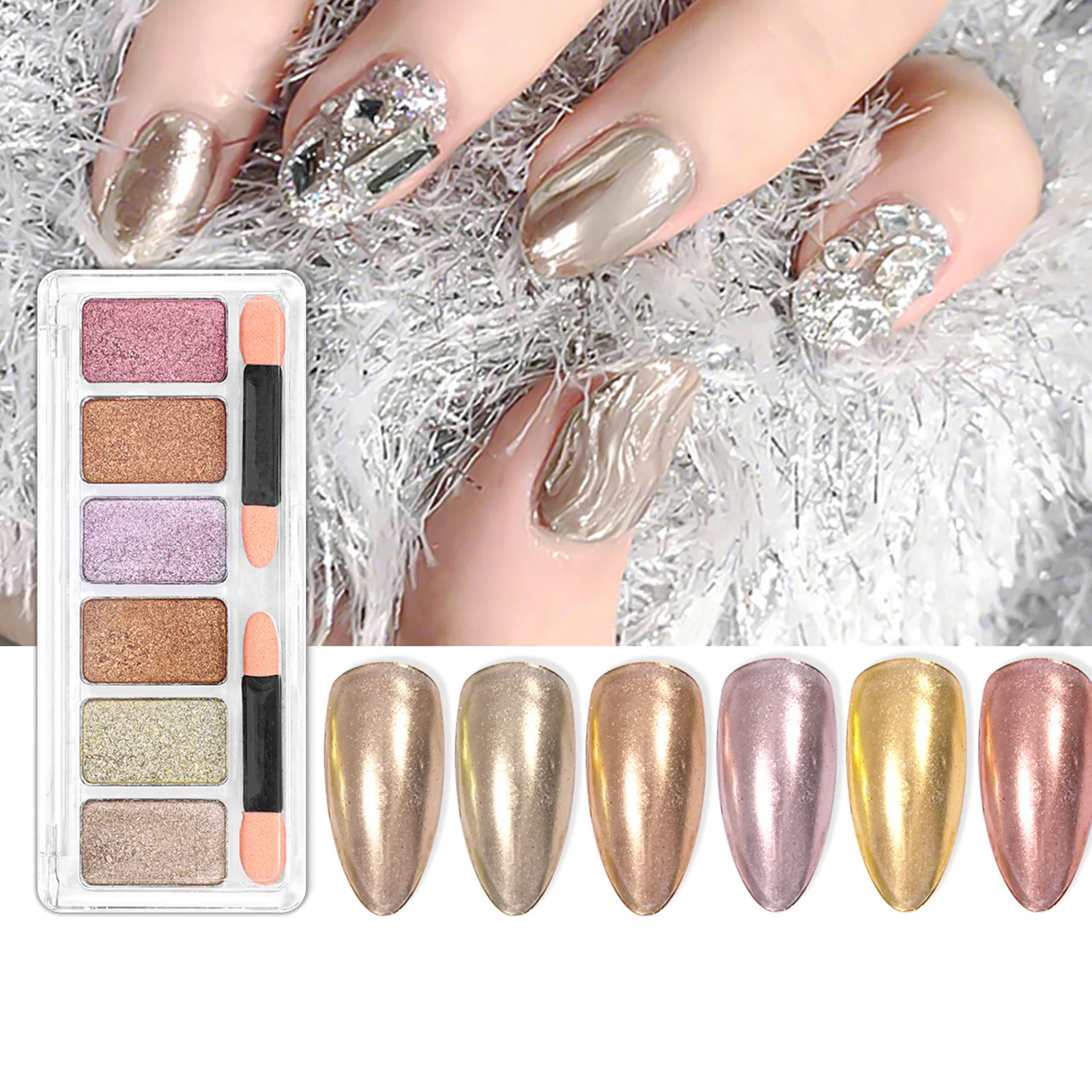 

6 Colors Mirror Nail Glitter Powder Solid Laser Metallic Effect Nail Art Glitter UV Gel Polish Pigment Manicuring Art Decoration