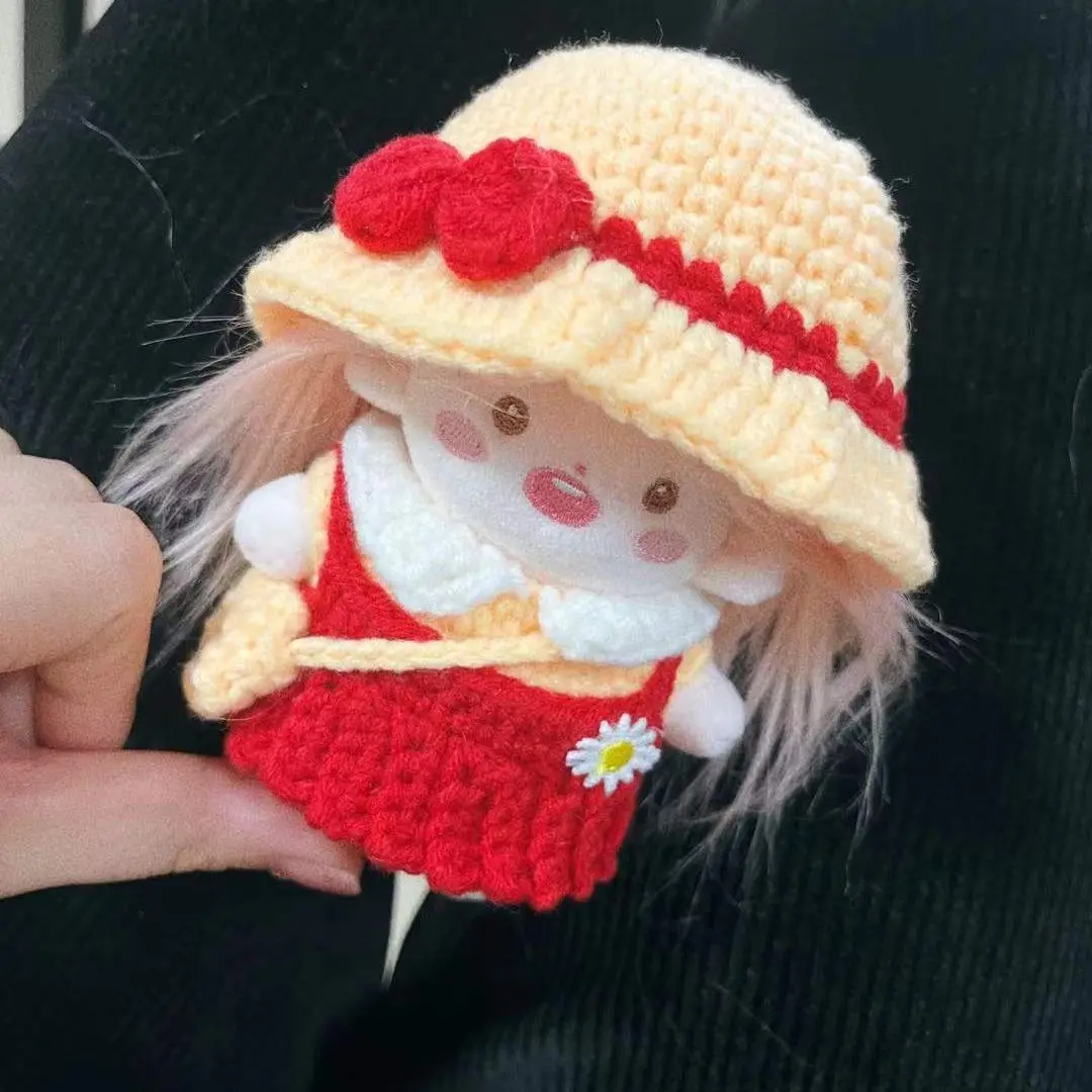 

Handmade 3pc/Set 10cm Doll Clothes Knitted Hat Top Suspender Skirt Small Bag Suit Kindergarten Uniforms Clothing Doll Dress Up
