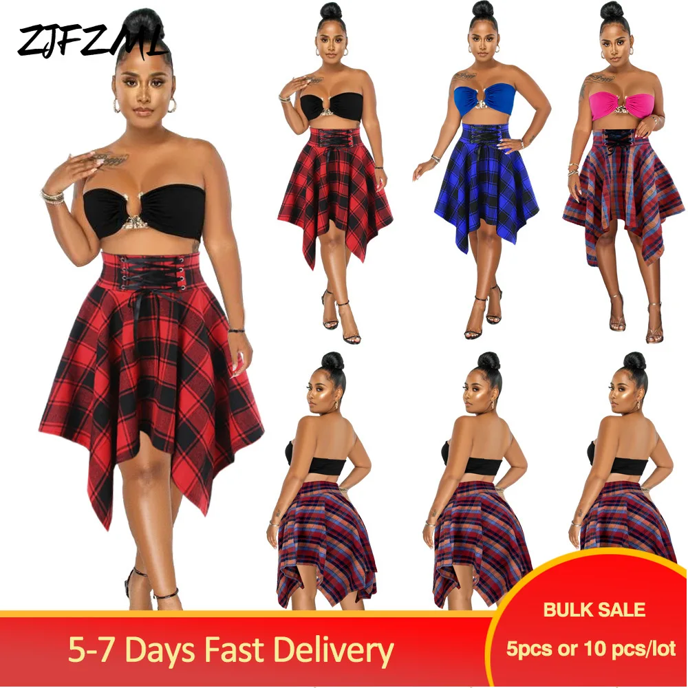 

Bulk Items Wholesale Lots Preppy Style Lace Up Empire Waistline Mini Skirt Sweet Girls Plaid Spliced Irregular Big Swing Skirts