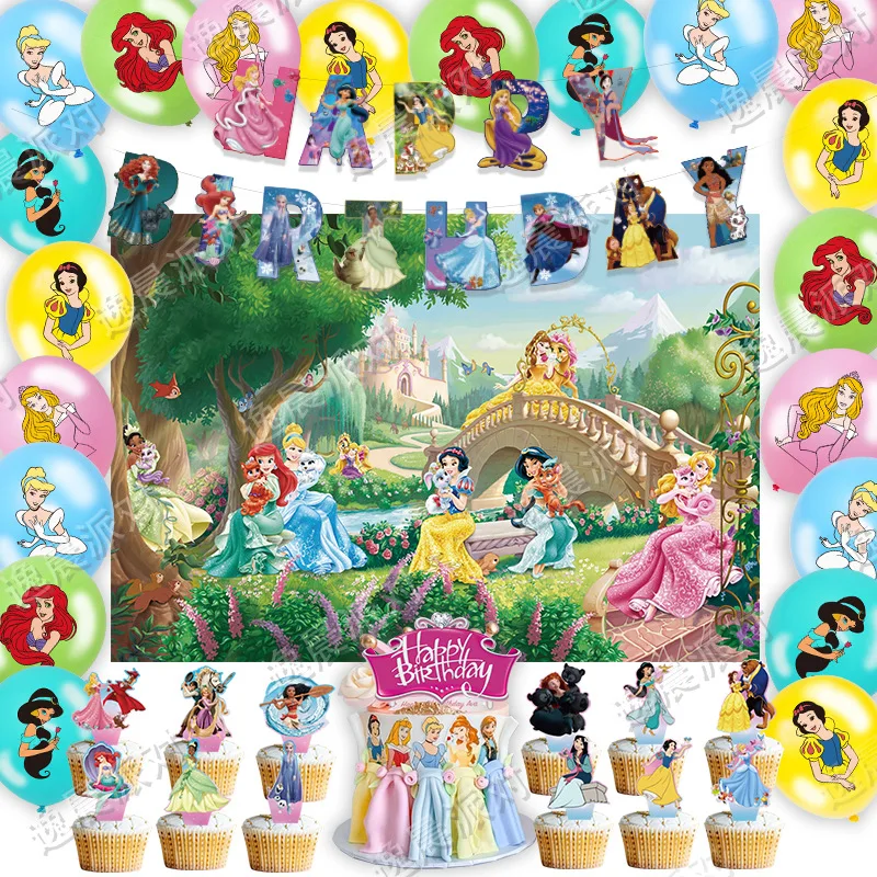 

Girls Birthday Party Decoration Pull Flag Balloon Cake Topper Seven Princess Snow White Cinderella Decoration Decor Supplies