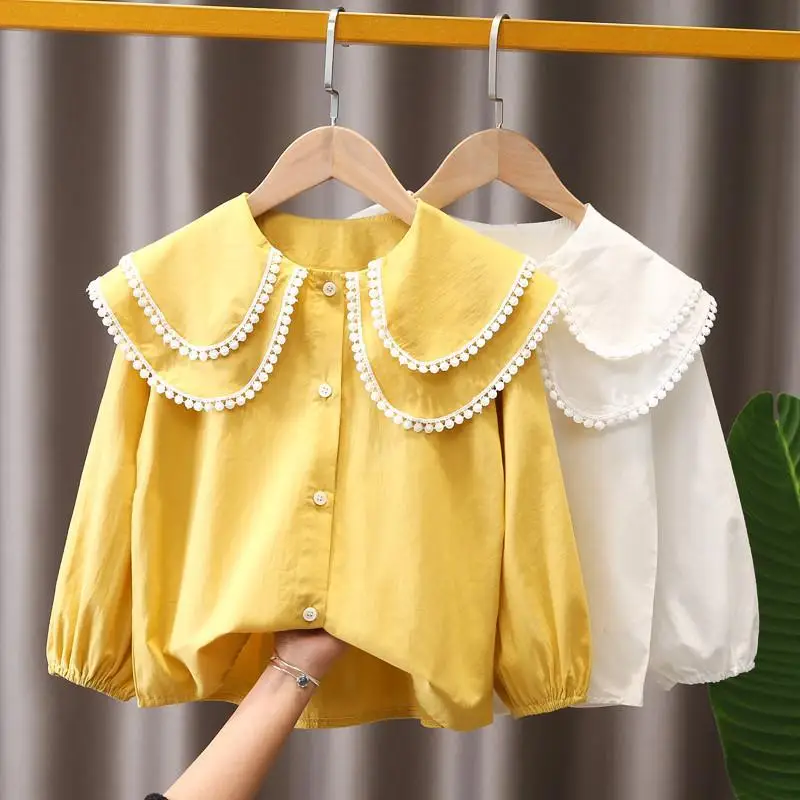 

Модель 2022 года, модная блузка для девочек на весну и осень, Однотонные блузки, милая рубашка для маленьких девочек, детская повседневная оде...