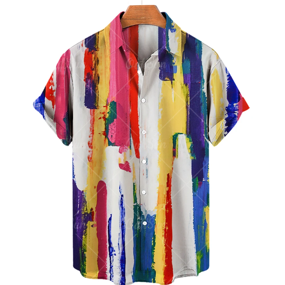 

Oversized Hawaiian Shirt Men's 3D Stripe Print Lapel Single Button Casual Beach Shirt Short Sleeves New Summer Fashion Men'sdesi