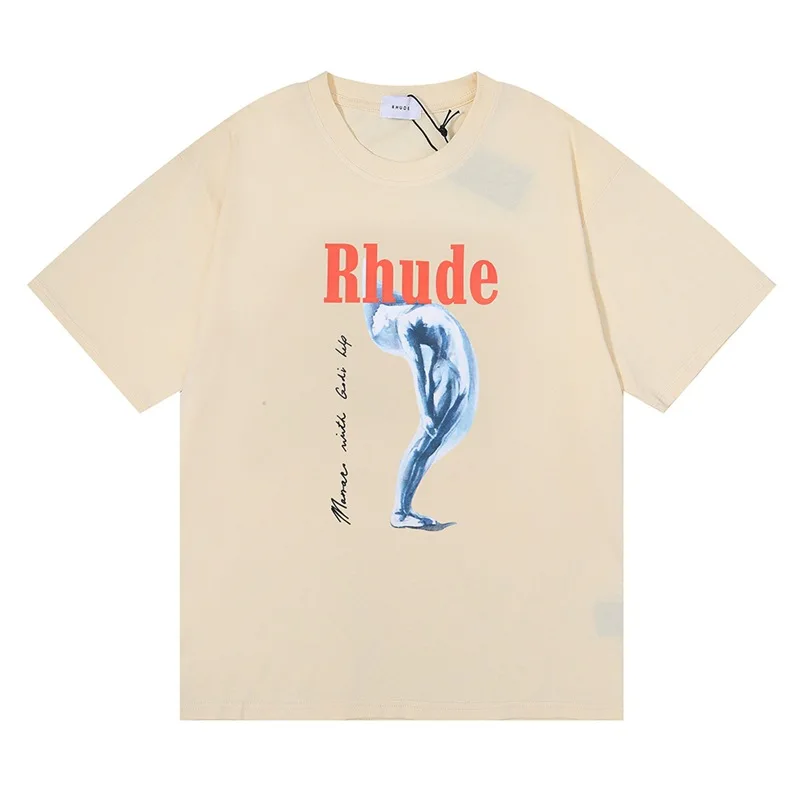 Rhude 2022 Short Sleeve Printed High Quality Oversized Round MONACO With Gold Help Neck Men's And Women's Sportswear t-Shirt |