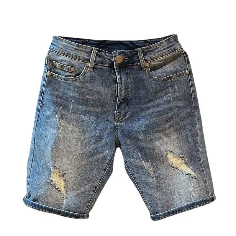 2023New Tide Brand Trend Men's Denim 5 Five Cent Shorts Korean Version Loose Casual 100 Straight Leg Hole In Trousers Men Pants