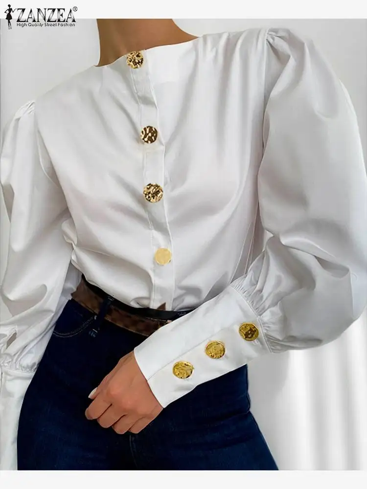 

ZANZEA Elegant O-neck Blouses Women Fashion Puff Sleeve Shirts Casual French Retro White Blusas 2023 Spring Chic Button Up Tops