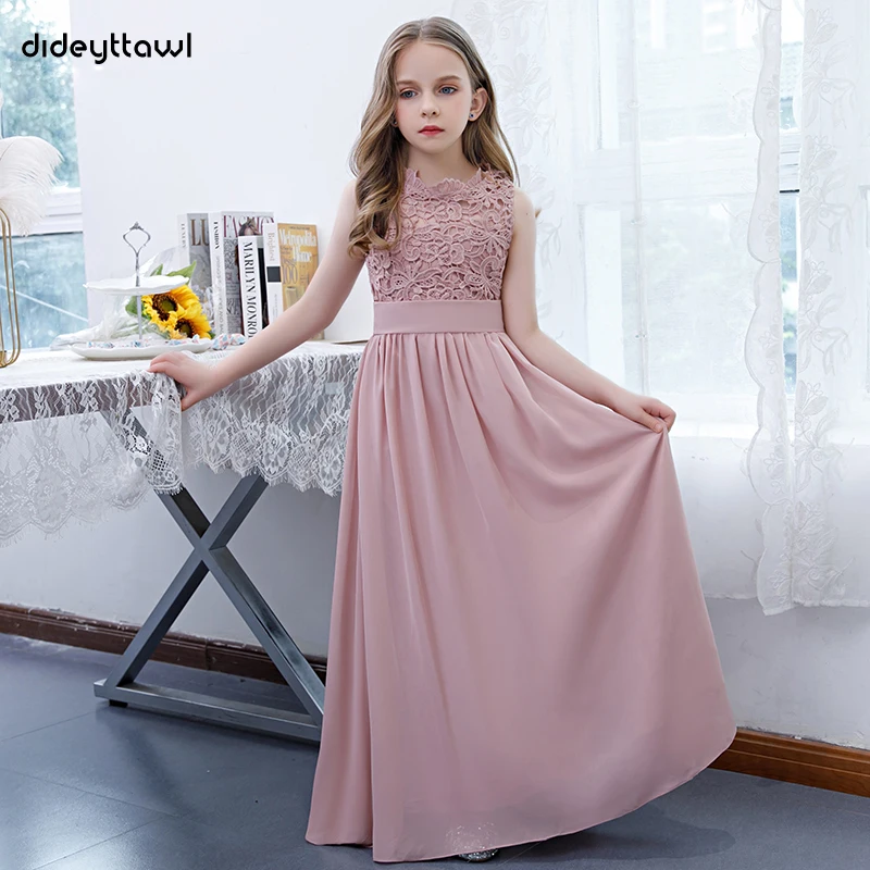 Dideyttawl Dusty Rose Long Chiffon Flower Girl Dress 2022 Sleeveless Concert Junior Bridesmaid Dresses Girls Birthday Gowns