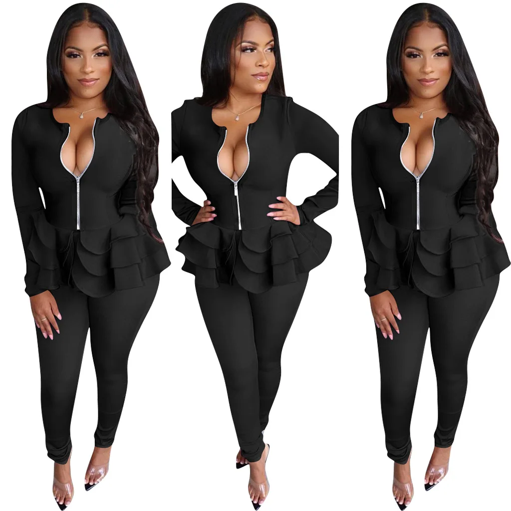 

New Women's Ruffled Solid Color Casual Pants Suit Two-piece Casual Office Long-sleeved Top + Pants Lady 2022 Autumn and Winter