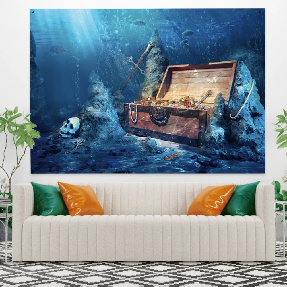 Подводный гобелен с изображением сокровищ Череп морская жизнь рыба настенное