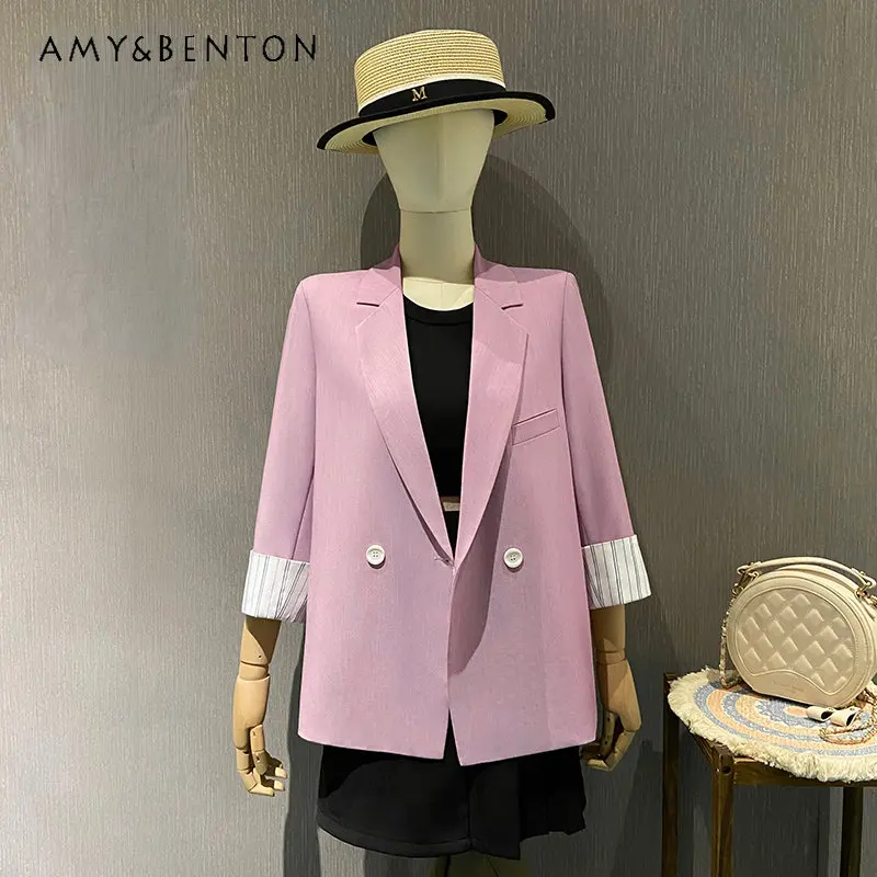 

Женский пиджак в полоску, легкое пальто с розовыми манжетами, весна-лето