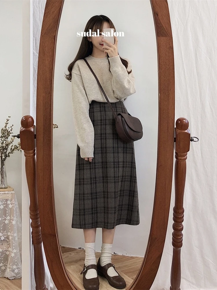 

plaid Women Skirts new MI-long New Skirt Female Vintage Jupe Femme Faldas Mujer High Waist School Girls mid carf mujer
