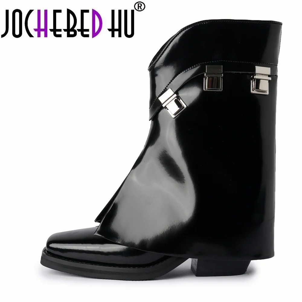 

【JOCHEBED HU】Western Knee high boots Women Black Genuine leather low-heel Punk Boots Inlaid Metal Medal Fashion Mid Calf Boots
