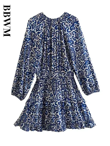 Print Short Dress Women Lace-up O Neck Dress Woman Long Sleeve Mini Summer Dresses Women 2023 Laminated Decorate Hem Dresses