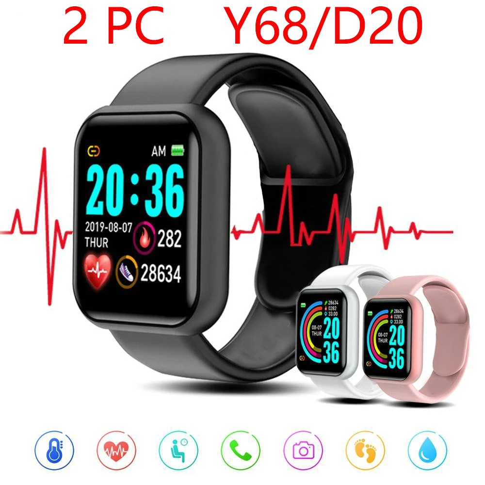 

2PC new Y68 Smart Watch Women Men Sport Bluetooth Smart Band Heart Rate Monitor Blood Pressure Fitness Tracker Bracelet D20 PRO