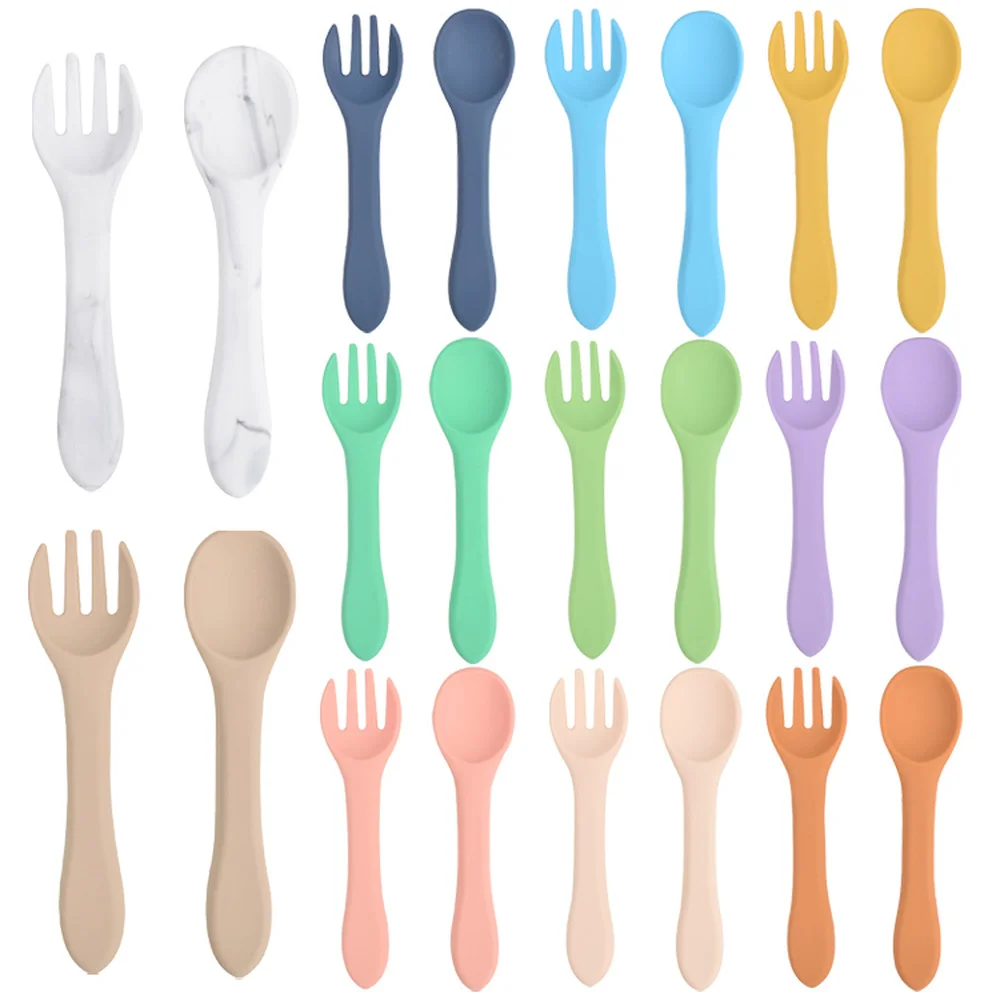 

2PC Soft Tip Silicone Fork Spoon Baby Feeding Set Children Dishes Toddler Infant Feeding Accessories BPA Free Silicone Tableware