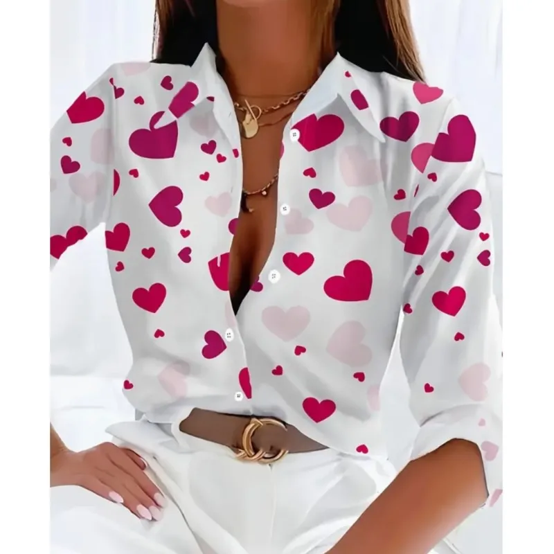 Любовь принт новая женская рубашка с длинными рукавами и лацканами на пуговицах