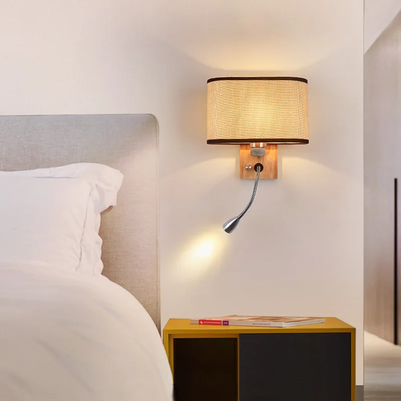

Retro Classic Bedside Lamp Wood Bedroom Living Dining Room Fabric Wall Light with Switch E27 Lamp Holder Interior Decor Lighting