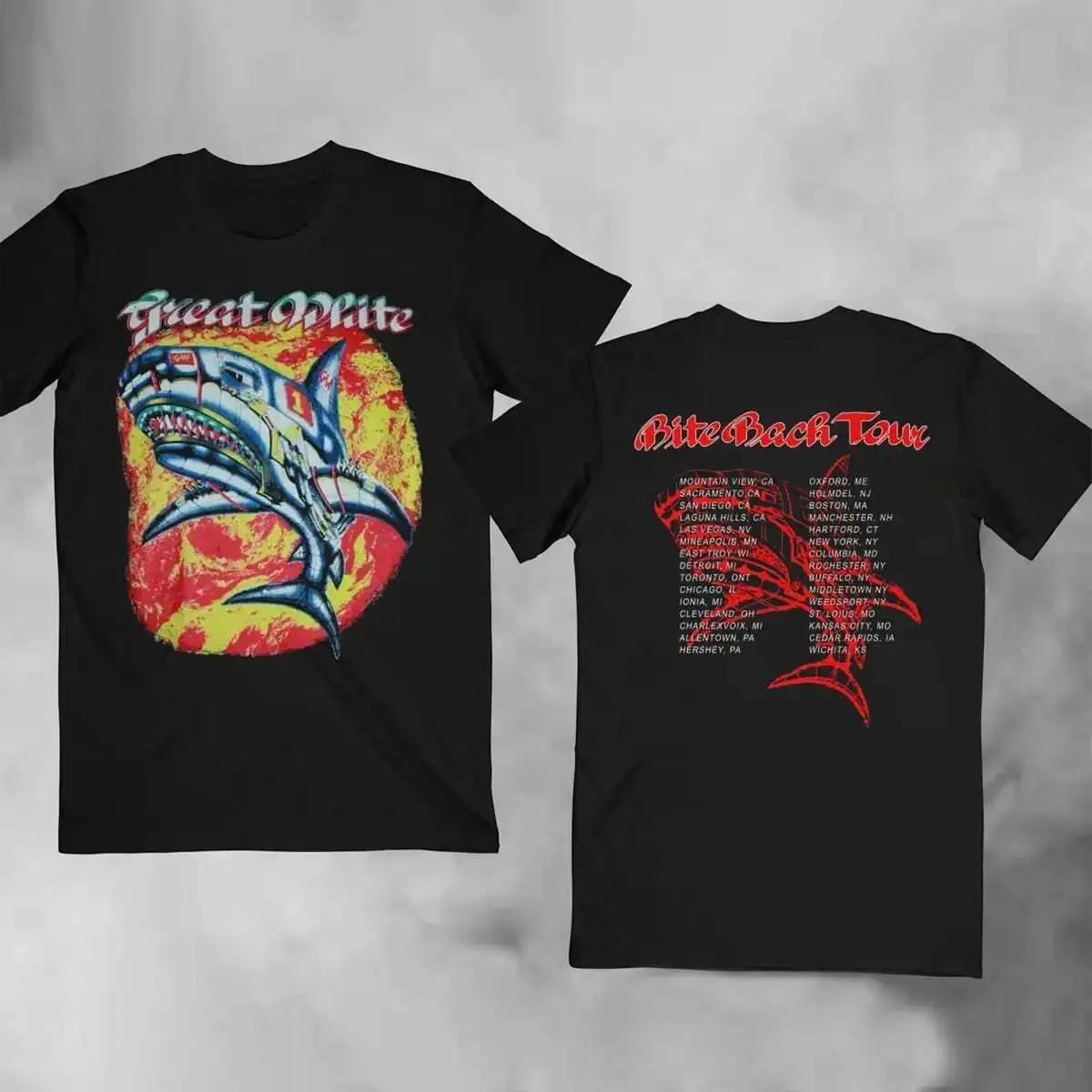 Great White Bite Back Tour Хлопковая черная полноразмерная мужская и женская рубашка AA1370