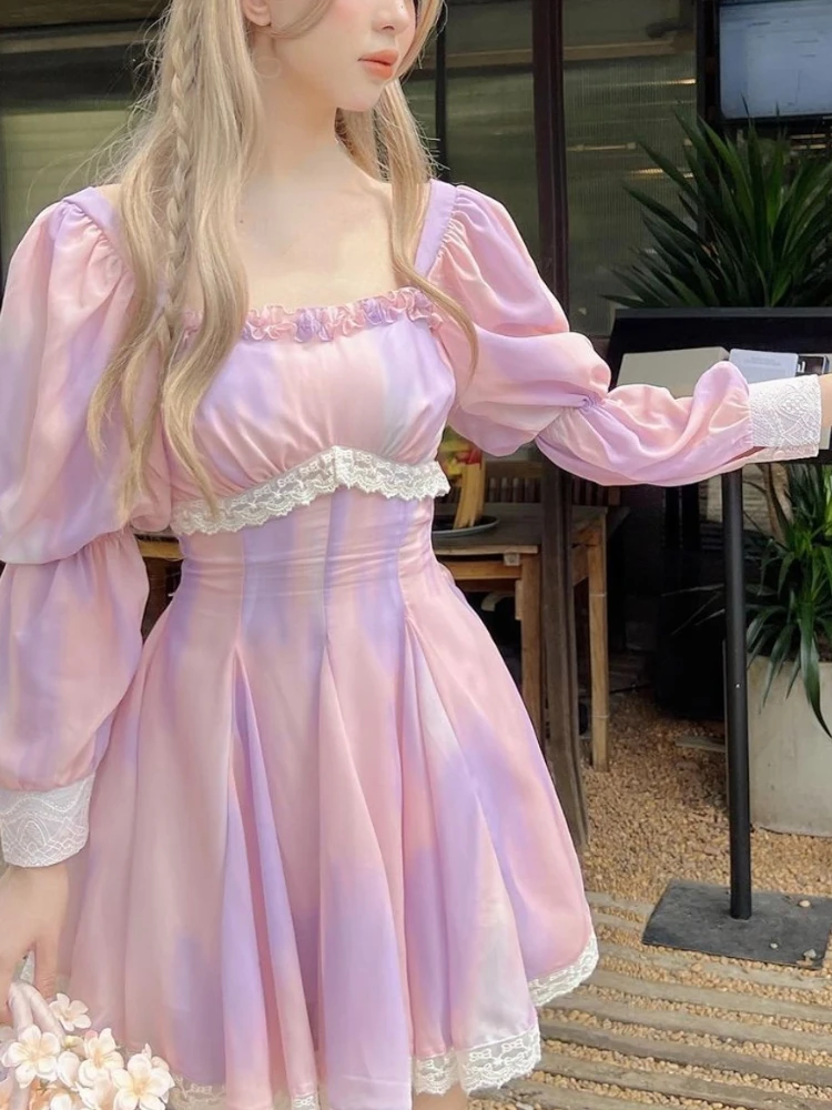 

Милое милое женское платье с пышными рукавами, кружевное шифоновое французское элегантное женское мини-платье, фиолетовое платье в Корейск...