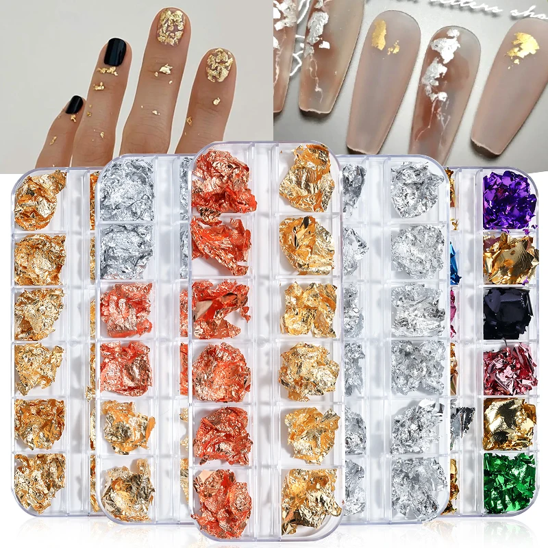 

12 Grid Shiny Foil Nail Art Sequins Irregular Tinfoil Gold Gold Silver Rose Gold Set Nail Charm DIY Nail Art Decoration