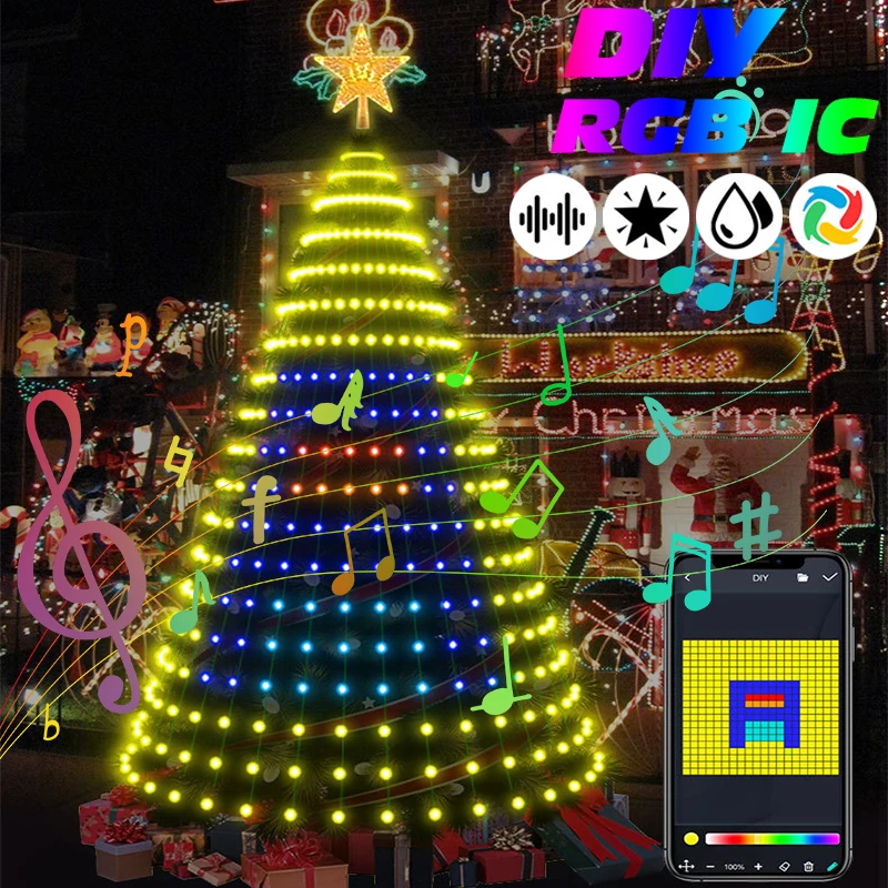 Christmas Tree LED Yard Lights Smart App Control Fairy Light Xmas Waterfall Lights Cone Christmas Tree Wedding Holiday Decor