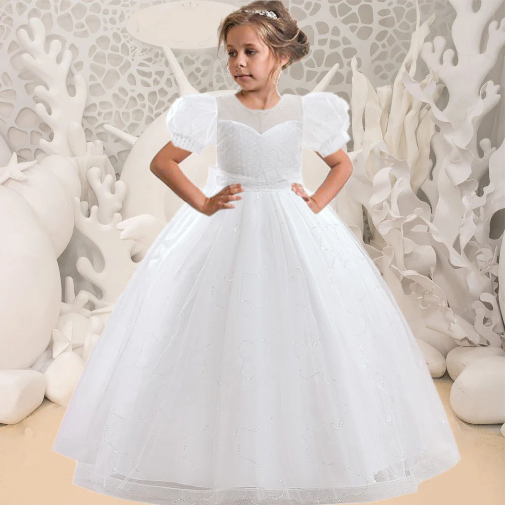 

Elegant Sequin Wedding Girls Dresses Fluffy Pink Birthday Prom Kids Bridemaid Dress for Girls Bow Princess Ceremony Gown Vestido