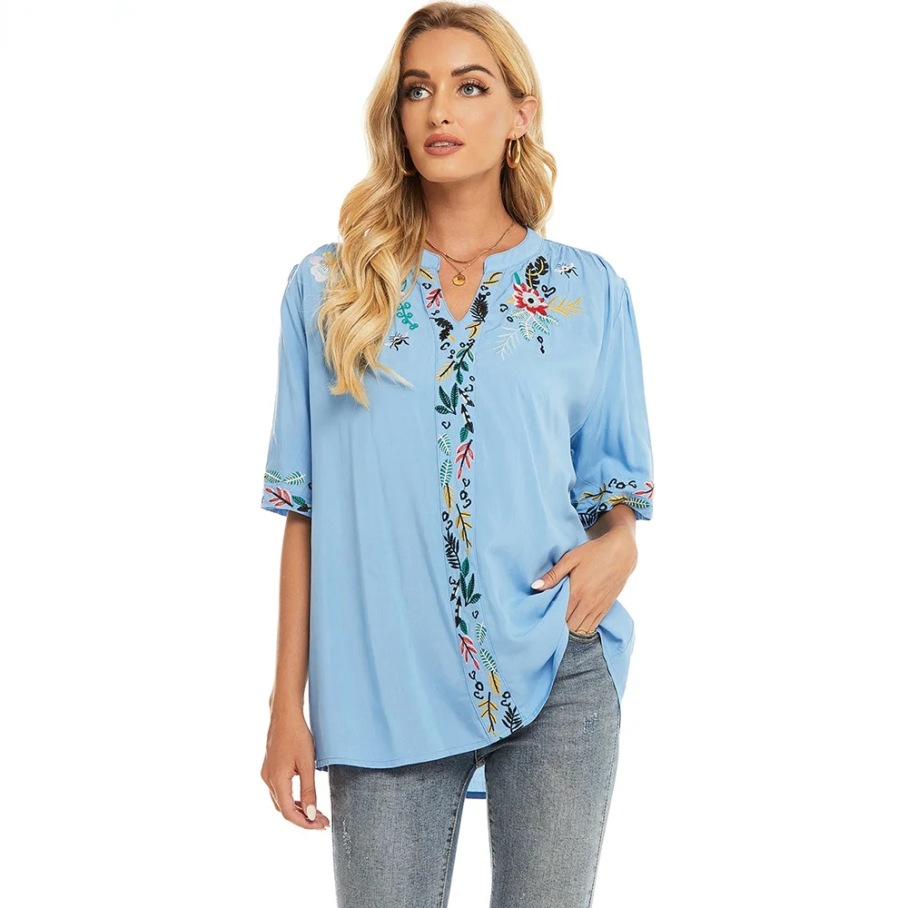 

Le Luz Floral Embroidery Blouse Shirt Blue Cotton Summer Mexican Women Shirt Women Oversized 2xl 3xl Ethnic Ladies Shirt