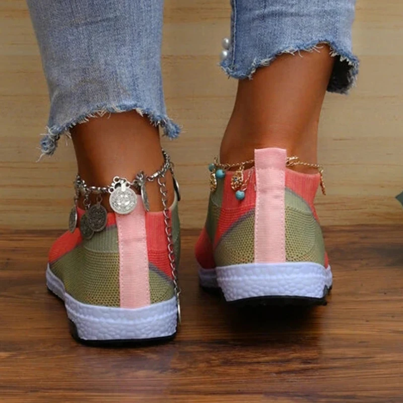 Fashion Color Matching Women Sneakers Breath Mesh Sock Shoes Lace Up Flat Heel Lightweight Sole Leisure Shoes Running 2023 New