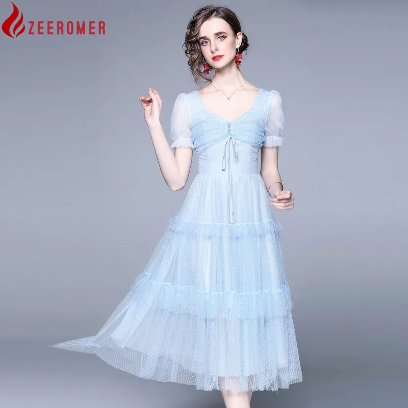 

2022 Summer Elegant Lace Patchwork Mesh Dress High Quality Women V-Neck Short Sleeve Party Robe Lady Casual Midi Dress Vestidos