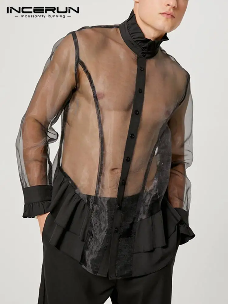 

INCERUN Men Shirt Mesh Patchwork Stand Collar Long Sleeve Transparent Sexy Ruffle Streetwear Camisas 2022 Button Dress Shirts