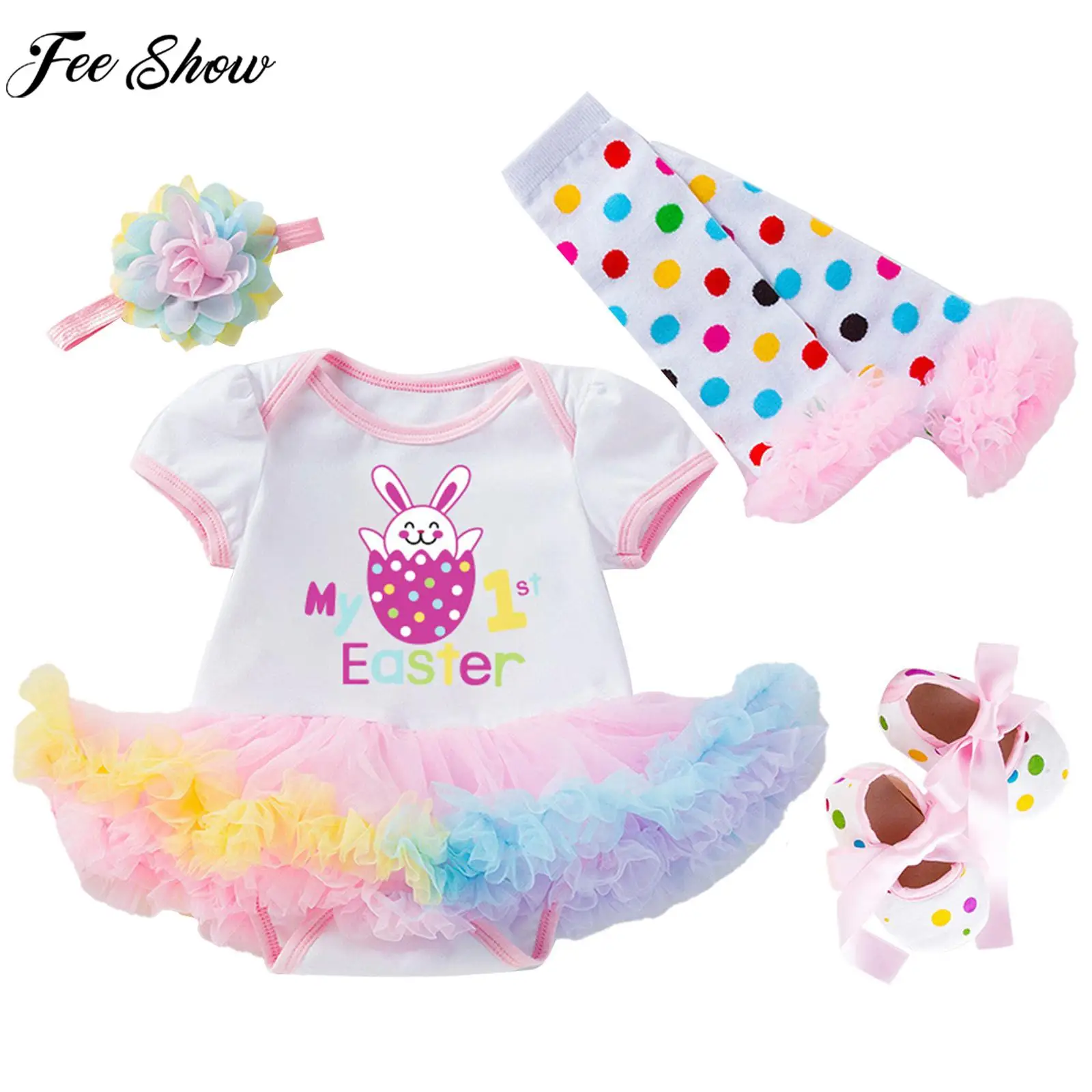 

Infant Girls Easter Baptism Birthday Party Clothes Set Short Sleeve Ruffle Tutu Romper Princess Dress with Headband Leg Warmers