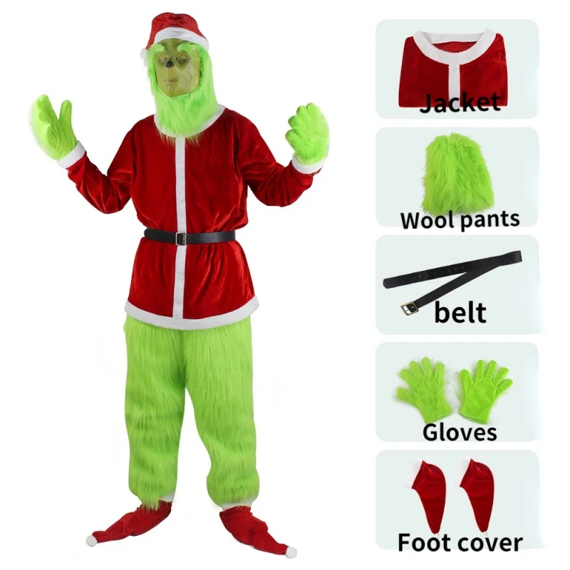 New Christmas Halloween Explosion Green Fur Monster Cosplay Santa Suit Party funny Costume