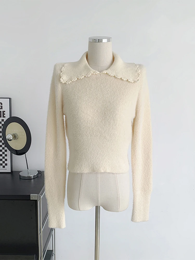 

Женский короткий вязаный кардиган, элегантный винтажный мягкий свитер во французском стиле с отложным воротником и плюшевой подкладкой, Ос...